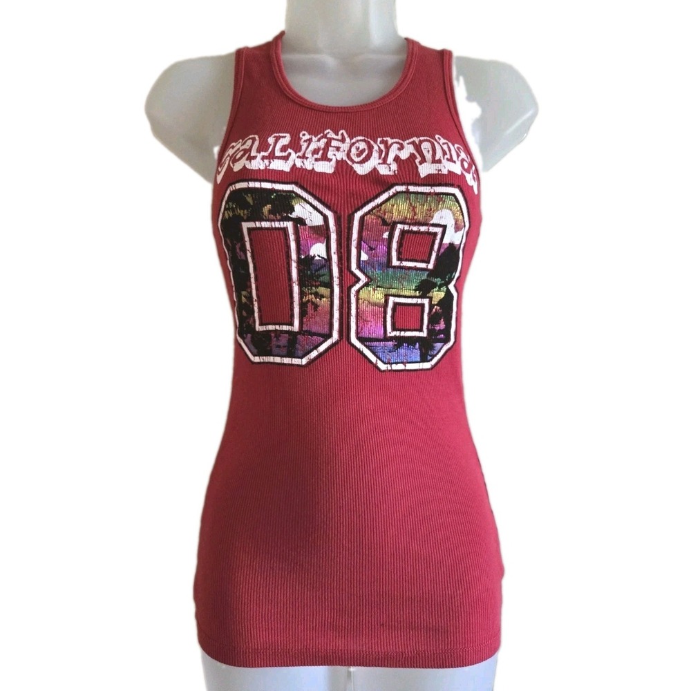 Authentic Y2K California 08 Holographic Red Ribbed Tank Top M Women 100% Cotton